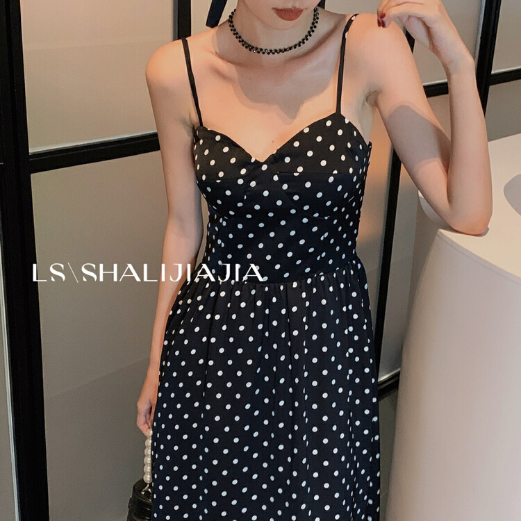 CXDHH/早春上新!【LS】吊帶淨色休閒波點連衣裙  2525#  JHY