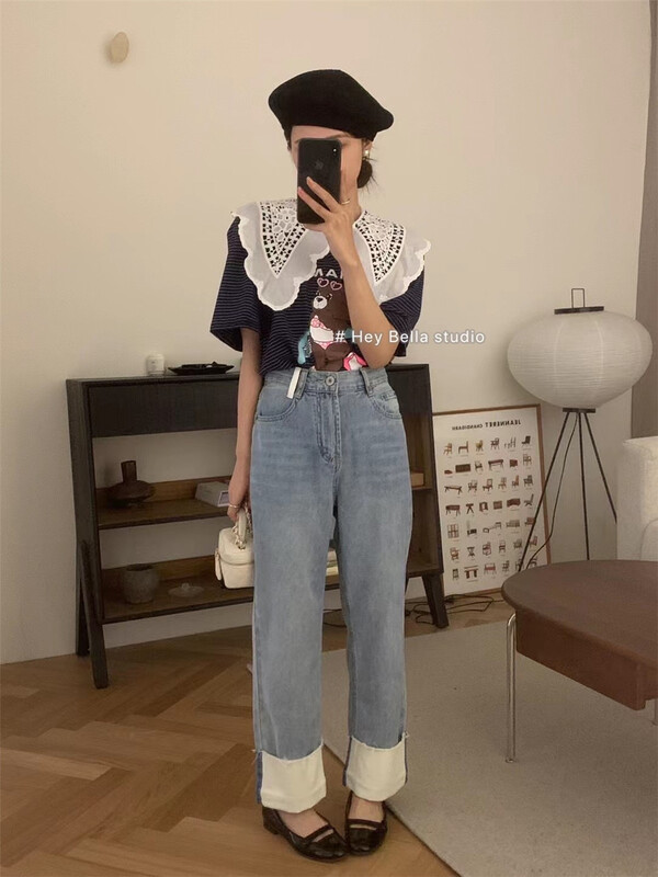 [hey Bella] color blocking stripe comfortable Korean Short Sleeve T-shirt ys1-1552# ll