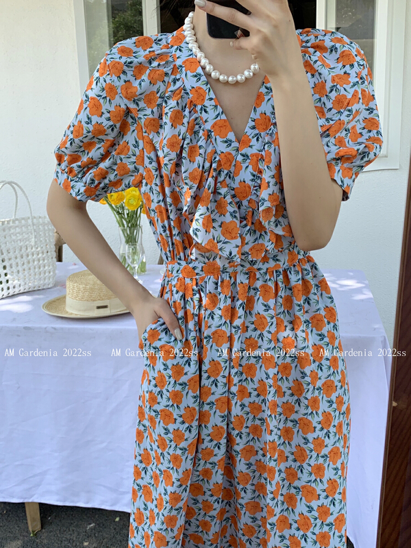 New in early summer! [neeko] broken flower lady waist slim dress 3551# PCZ