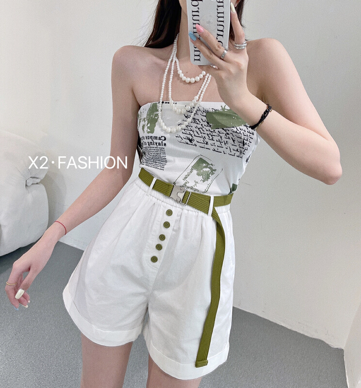 【X2】韓版顯瘦百搭休閒短褲(配腰帶)  8857-1#  OZQ