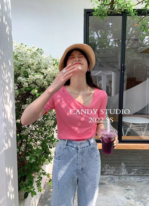 [candy] Korean versatile short sleeved T-shirt (with chain) ys1-7505# zjy