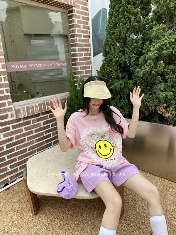 [JX] love smiling face printed Vintage short sleeve T-shirt 1063# WTT