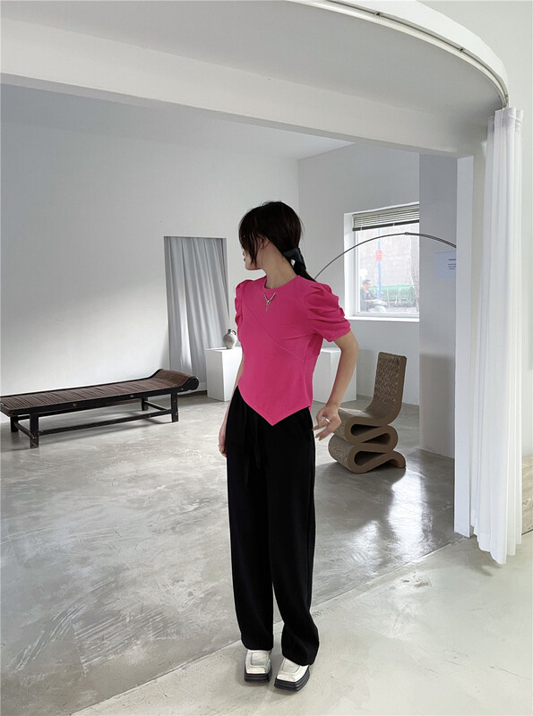 goods in stock! New in early summer! [color] Korean fashion bubble sleeve irregular chain design blouse 6668# WPL