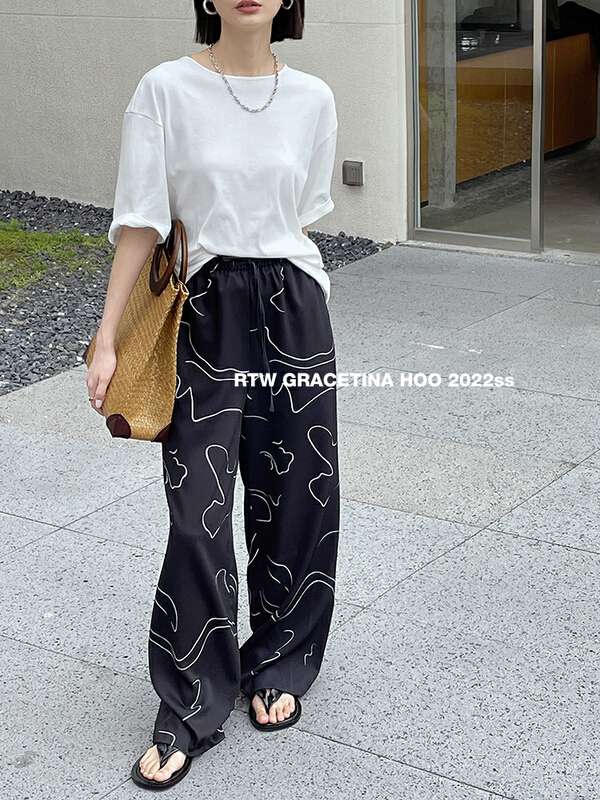 初夏上新!【GRACETINA HOO】印花垂感高腰法式闊腿休閒褲  K9146#  ZXL