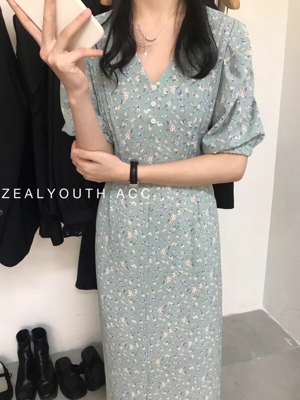 goods in stock! New in early summer! [zeal youth-2] Korean V-neck loose floral long dress 22044# HBx
