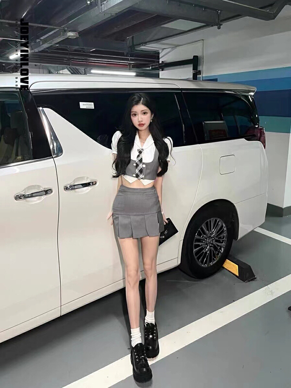 [Hello Miss] Korean shirt + lady pleated skirt pants + versatile vest suit (with tie) 8251# PCZ