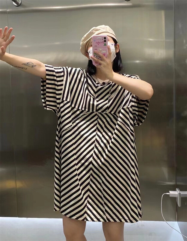 [we family] round neck striped lady dress 2149# L