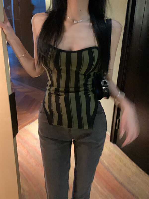New in early summer! [f · P] inside take care of the machine stripe slim curve neckline vest / sling 6092# HBx