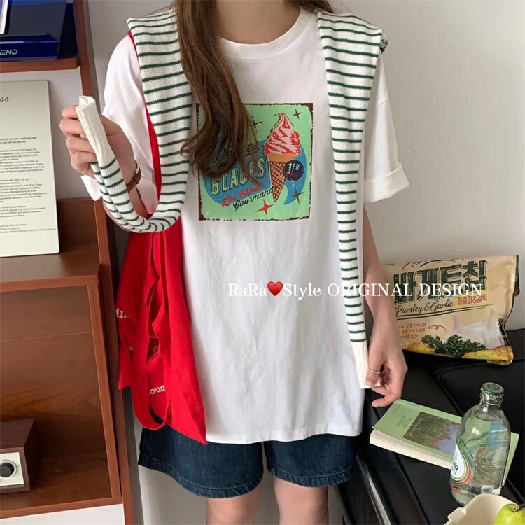 [rara] Korean ice cream printed round neck Pullover short sleeve T-shirt 30139# LSL