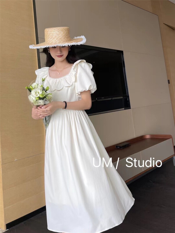 [um micron] Korean lady Ruffle high waist dress 66510# hjy