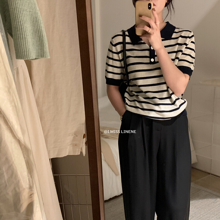 New in early summer! Striped Polo Pullover [Imiss] T-shirt cx0189# LSW