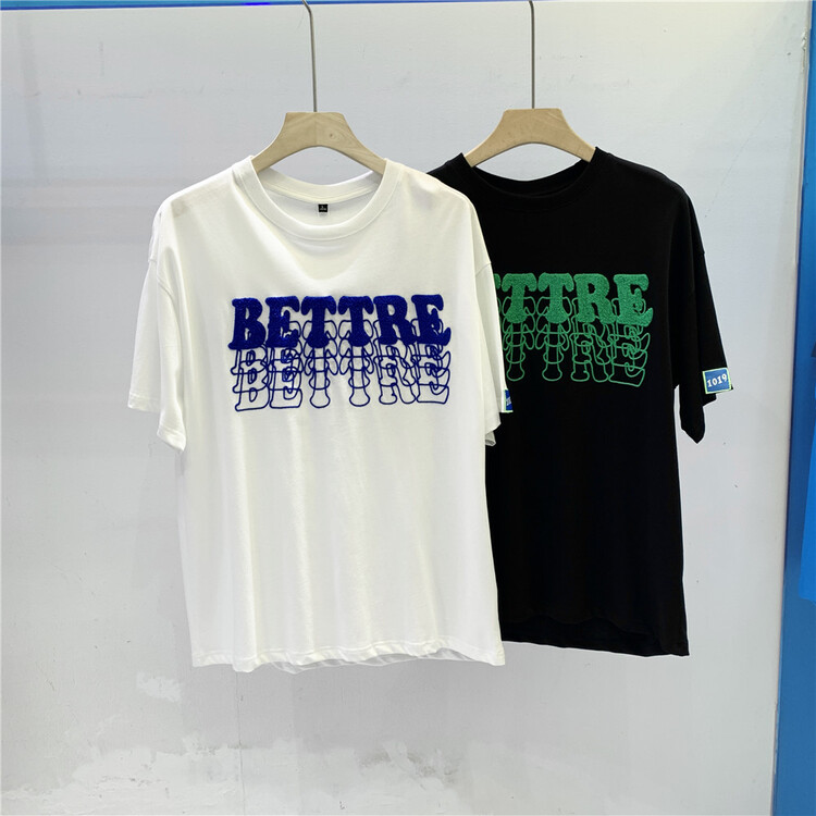 [BSD] round neck loose heavy industry embroidery short sleeve T-shirt 5706# ZZL