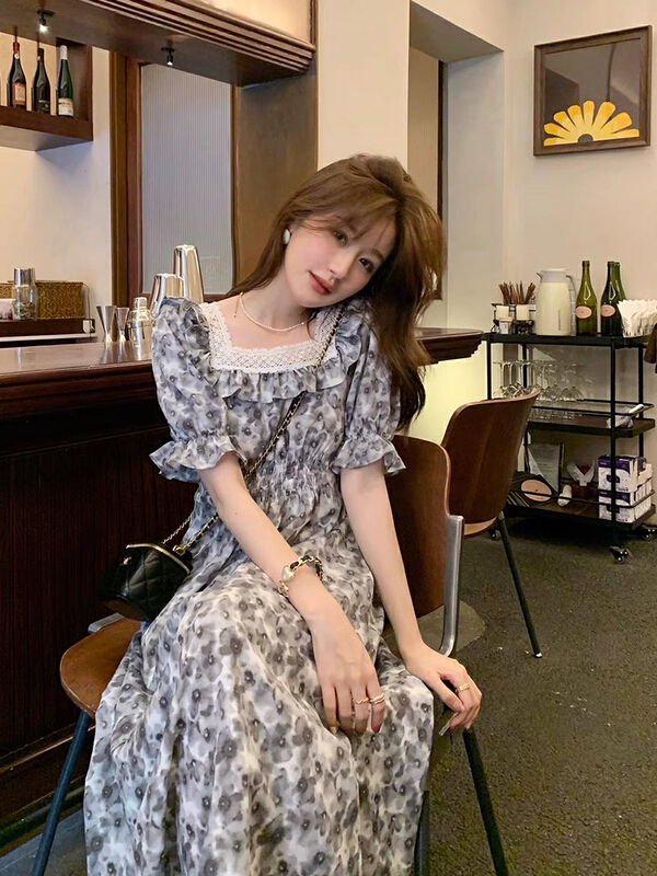 [savage] French retro high-grade ink painting square neck stitched lace dress e8203# WPL
