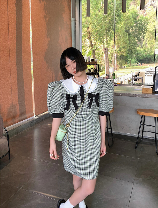 goods in stock! New in early summer! [pink Pinker] baby collar color blocking waist closing dress 82203# LSL