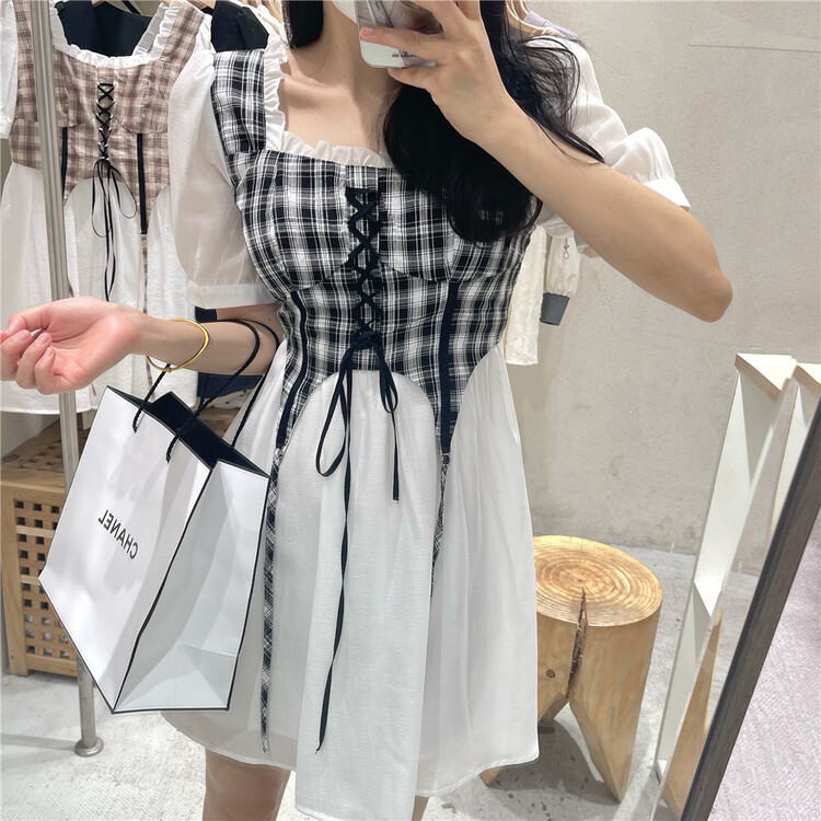 New in early summer! [NC edition] Korean mosaic Plaid bubble sleeve dress w9190# zxx