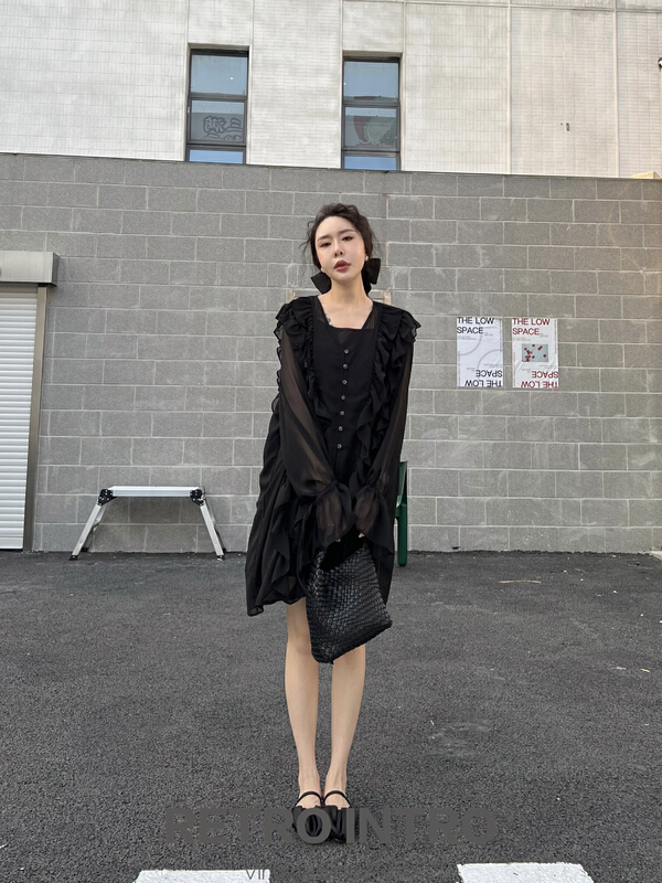 [Rin] Korean Ladies chiffon long sleeved sunscreen dress + vest skirt set y21207# cqw