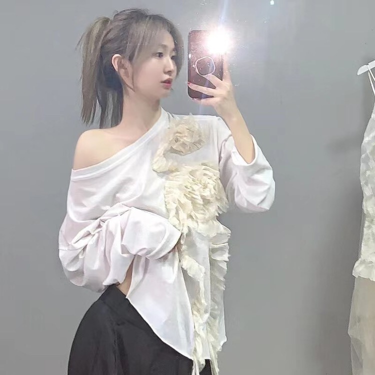 Original price 111.97! [yhpi] round neck fashion temperament embroidered three-dimensional long sleeve T-shirt 2309# JJ