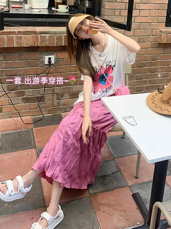 goods in stock! New in early summer! [y.jia Yijia] loose flower print short sleeve + elastic pleated skirt set ys1-6693# PCZ