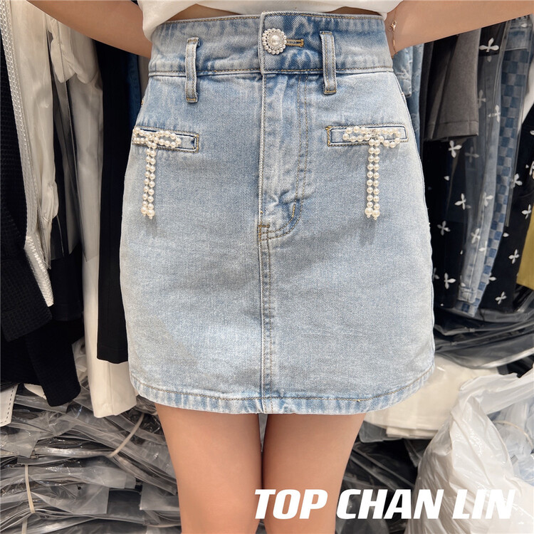 [top Chan Lin] Korean version of pin bead bow with thin denim skirt 95123# cqw