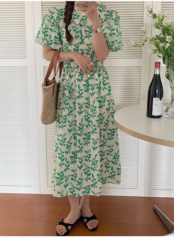 [the mind] fashionable and elegant round neck floral waist dress 60336# XYJ