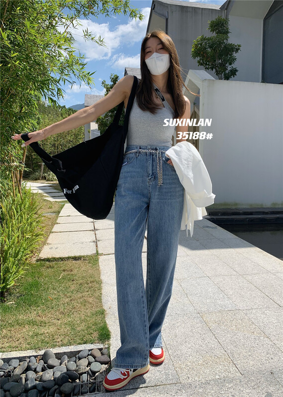 [suxinlan] Korean version high waist loose mop jeans (with waist chain) 35188# LSL