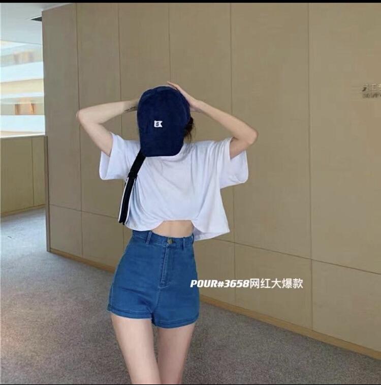 New in early summer! [pour one] Korean fashion high elastic denim shorts po3658# L