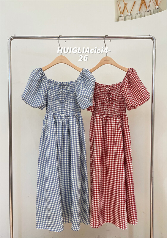 [huiglia clcl] Korean style square neck Plaid bubble sleeve dress ys1-8685# zjy