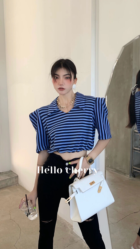 [meet chelizi] polo collar short striped sweater ff132# WTT