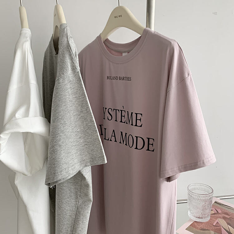 [kakajia] versatile letter round neck medium long short sleeve T-shirt 2020# ozq