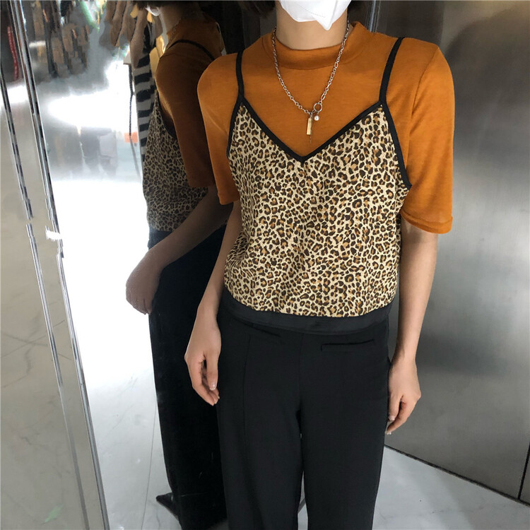 [aenna] Vintage leopard fake two piece short sleeved sweater 8662# cqw