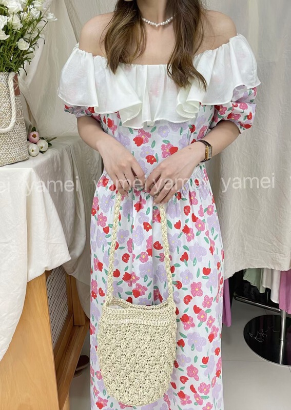 [ya. Mei] flower pleated off shoulder dress 9068# ll