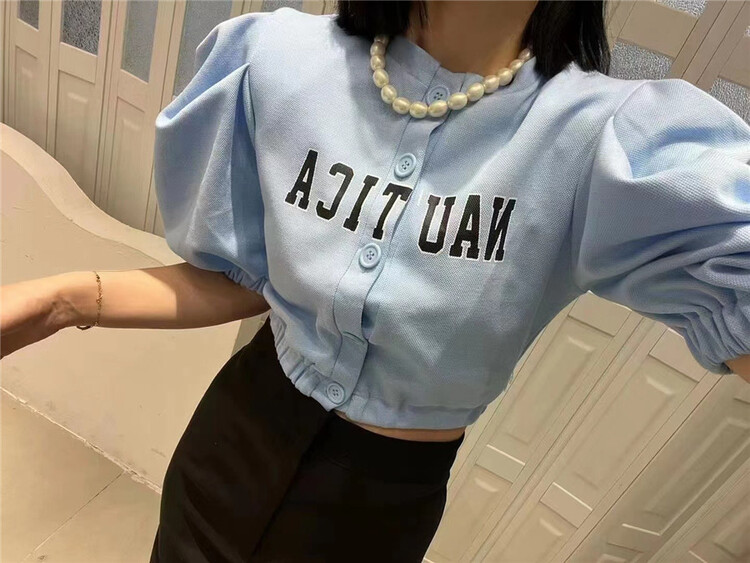 [sevenforershop] alphabet printed breasted bubble sleeve blouse (only for small blouses) ys1-88132# ozq