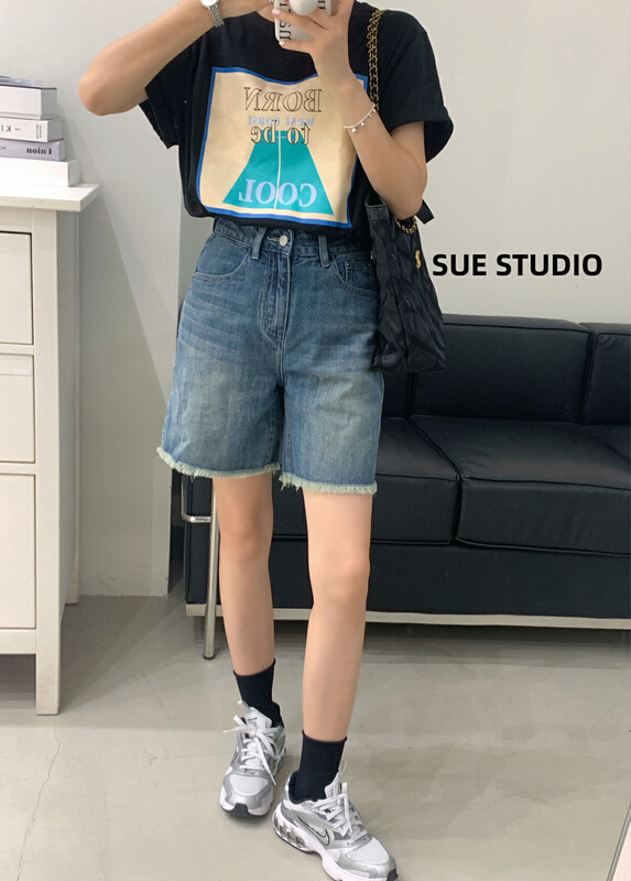 [Sue studio] comfortable denim shorts 8307# zjy with nostalgic color and rough edge