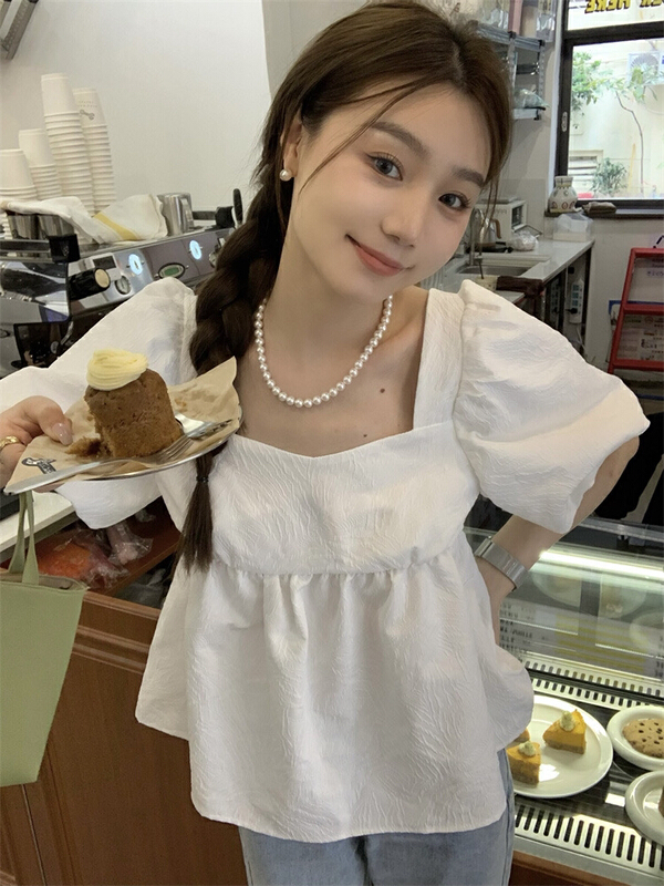 New in early summer! [dolly] Vintage square neck bubble sleeve loose and thin shirt (only selling small shirts) 0041# LSW