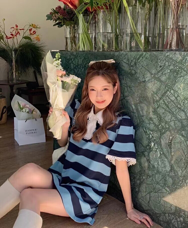 [xiaokoujia] Korean striped polo collar bubble sleeve dress 80267# WTT