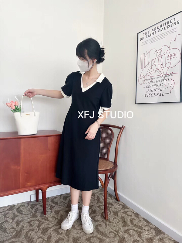 New in early summer! [Xiaofan family] Korean design sense contrast color V-neck short sleeve thin meat covered long dress 6136# LSW