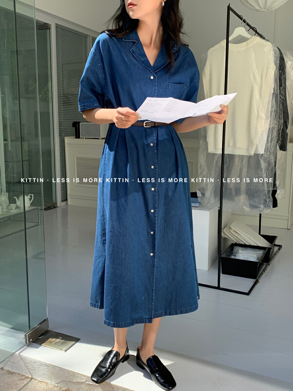 goods in stock! New in early summer! [Kittin] Korean single breasted denim dress 522# L