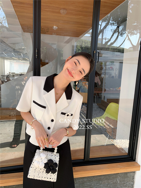 goods in stock! [candy] small fragrance color matching design double pocket short coat (with Brooch) a9025# ZSY
