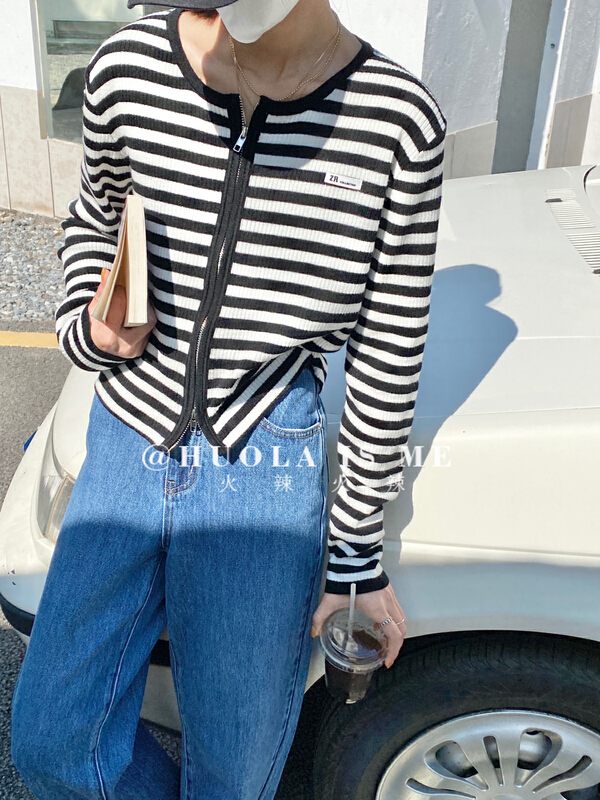 New year in early spring! [hot Huola is me] Korean zipper slim fit stripe knitted cardigan (including 30% wool) 7528# cqw