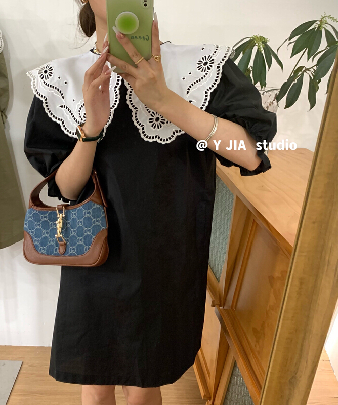 [y.jia Yijia] sweet Round Neck Lace neck bubble sleeve dress (without belt) ys1-1051# PCZ