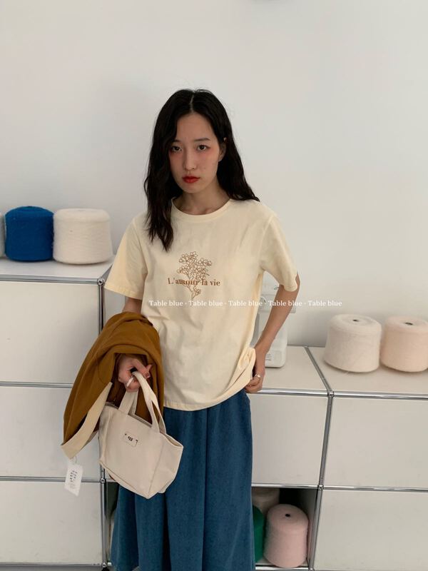 [table blue] Korean versatile Jasmine print short sleeve T-shirt 2039# LSW