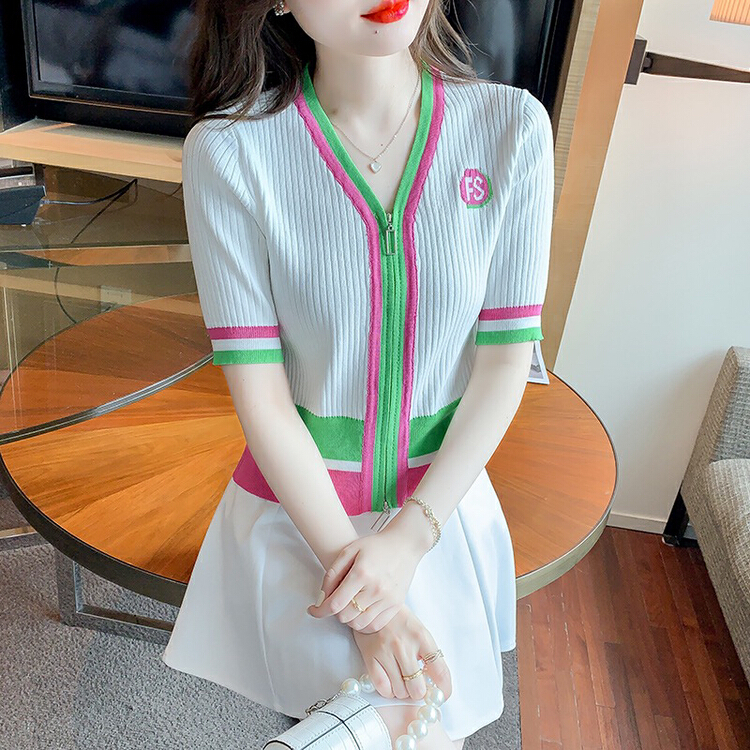 New in early summer! [f · P] zipper color blocking Korean knitted cardigan zj001# HBx