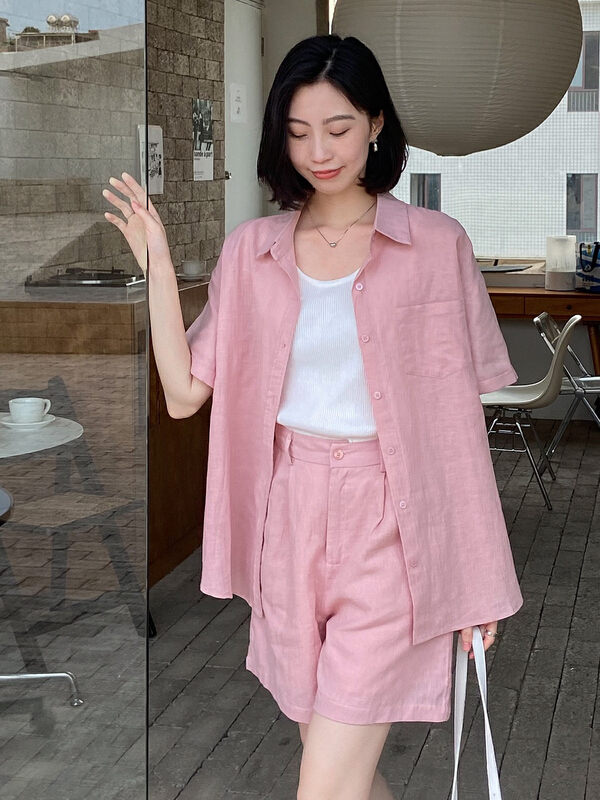 [st] simple single breasted shirt + loose comfortable casual pants set 5206# XJ