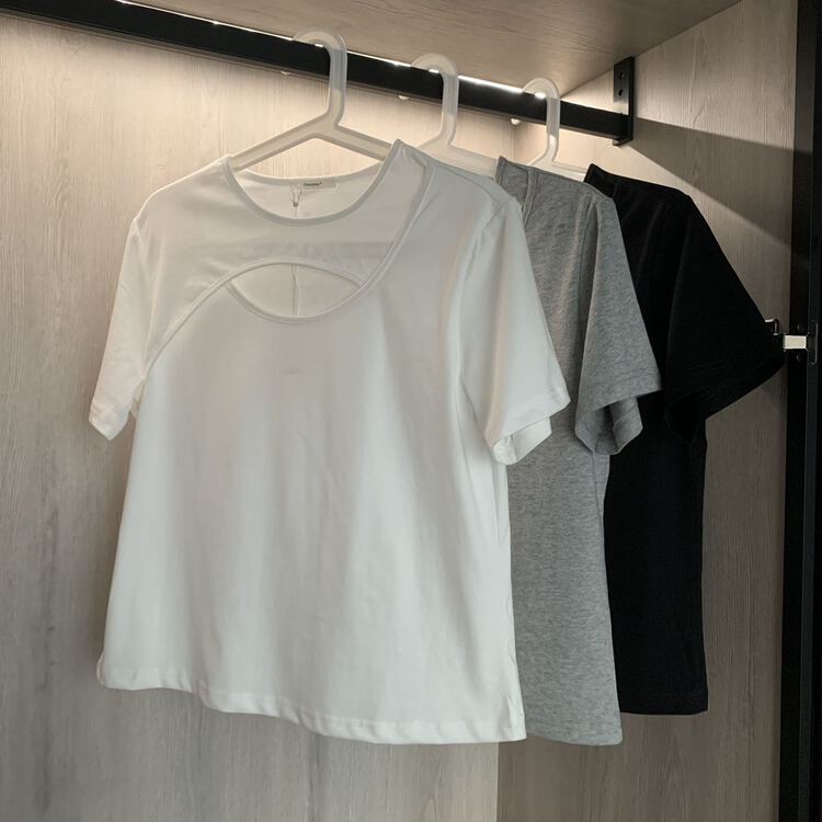 New year in early spring! [going] solid color hollow out small design comfortable and versatile short sleeve T-shirt 7798# lwy