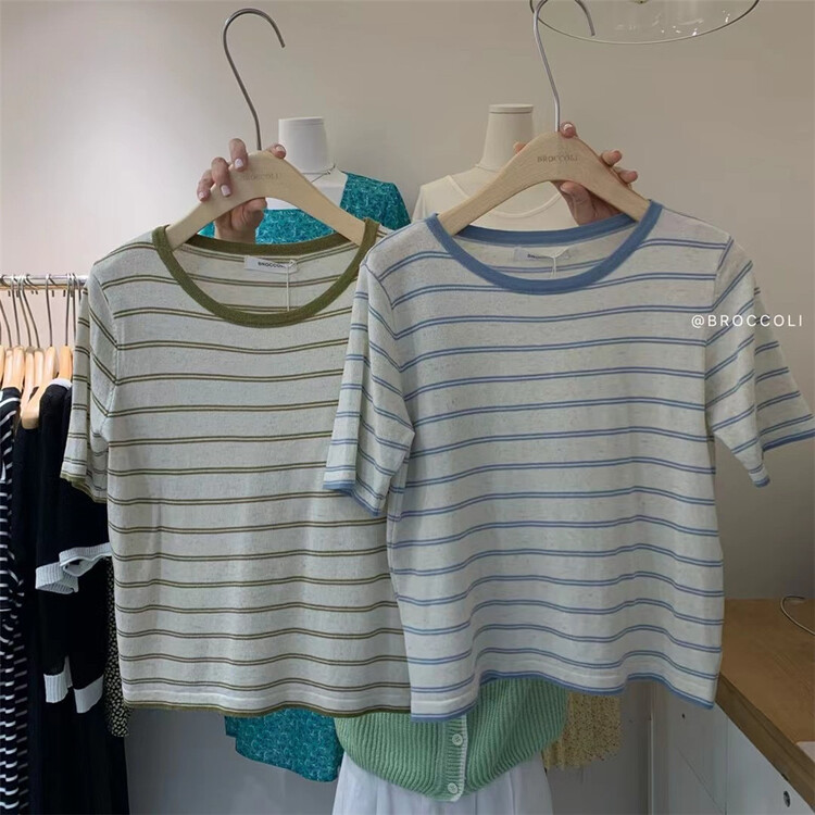 [broccoli] Korean casual stripe short sleeve sweater b3032# ZSY
