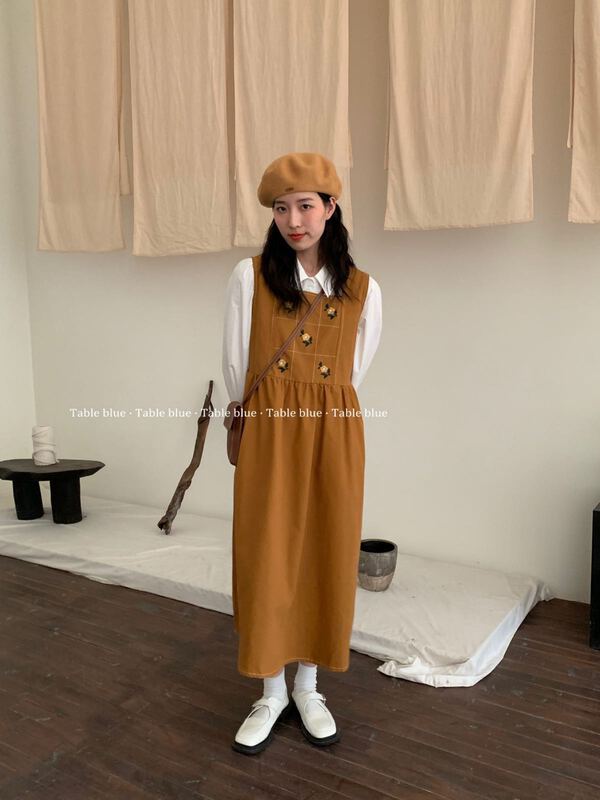 goods in stock! [table blue] Vintage Embroidery loose lace up suspender skirt 2046# LSW
