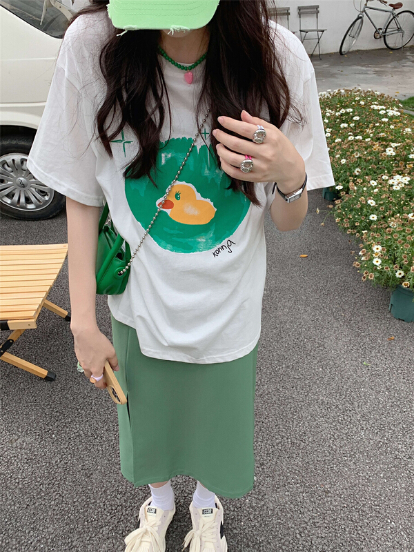 [timely rain] Korean style ins design sense age reducing cartoon duckling loose short sleeve T-shirt 762# WPL