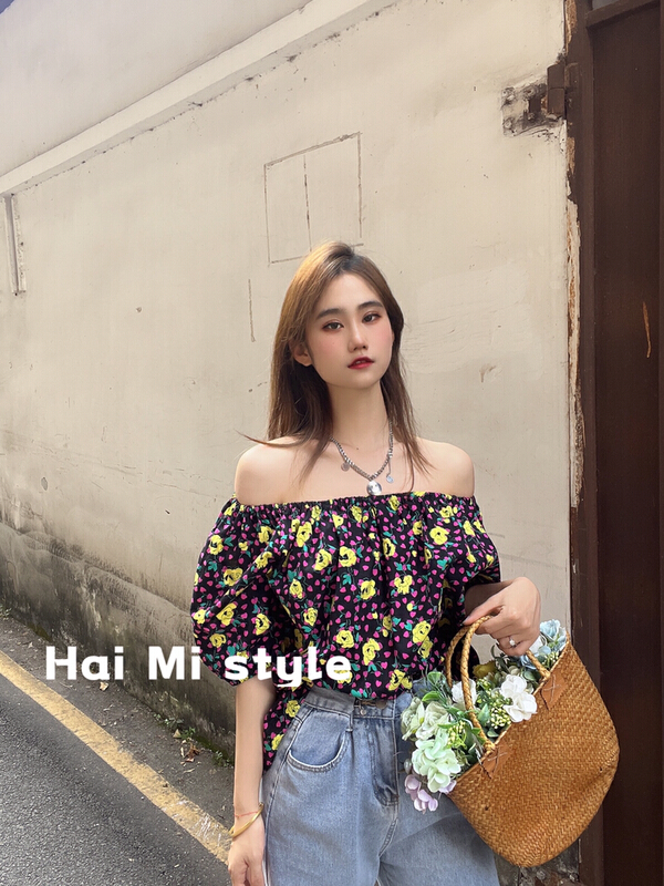[Haimi] Korean fashion temperament one line collar floral blouse 1666# WTT