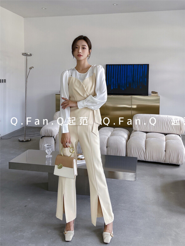 [style] fashion simple shirt + versatile trousers set (with detachable chain) 7573# XBL