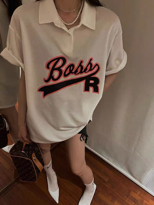 New in early summer! [blue show] Korean alphabet printed short sleeve polo collar short sleeve T-shirt 8138# LSW